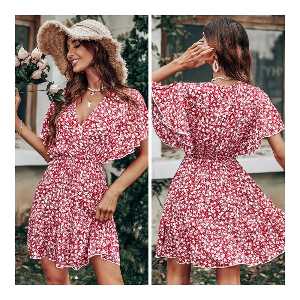 NFS 🛑Red Ditzy Floral Butterfly Sleeve Dress - Picture 5 of 8